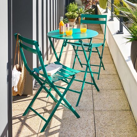 Conjunto de mesa de jardim dobrável redonda + 2 cadeiras GREENSBORO Opala 2 lugares - Aço, Tratamento antiferrugem reforçado