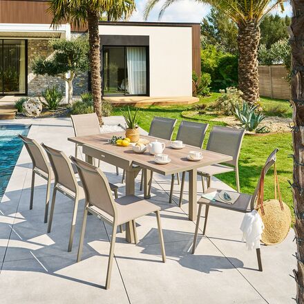 Conjunto de mesa de jardim extensível PIAZZA + 8 poltronas PIAZZA Trufa & Café 8 lugares - Alumínio tratado com epóxi, Vidro temperado