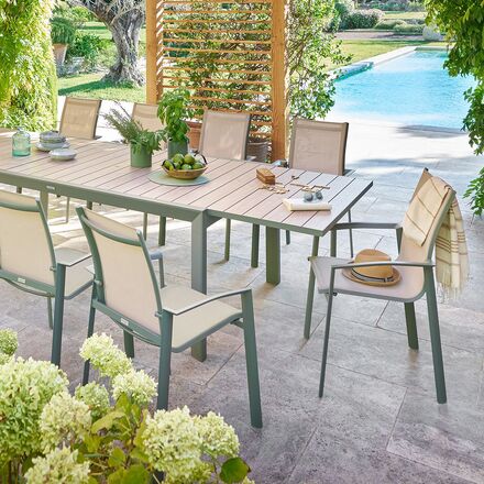 Conjunto de mesa de jardim extensível EVASION + 12 poltronas AXANT Linho & Loureiro 12 lugares - Alumínio tratado com epóxi
