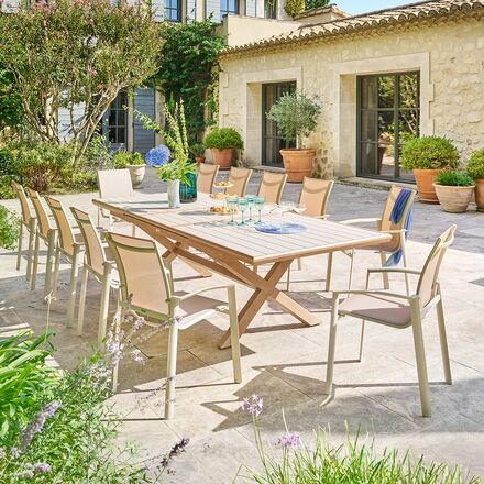 Conjunto de mesa de jardim extensível AXIOME + 12 poltronas AXANT Argila 12 lugares - Alumínio tratado com epóxi