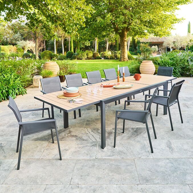 Conjunto de mesa de jardim extensível EVASION + 12 poltronas ESSENTIA Mel & Grafite 12 lugares - Alumínio tratado com epóxi Mel / Grafite